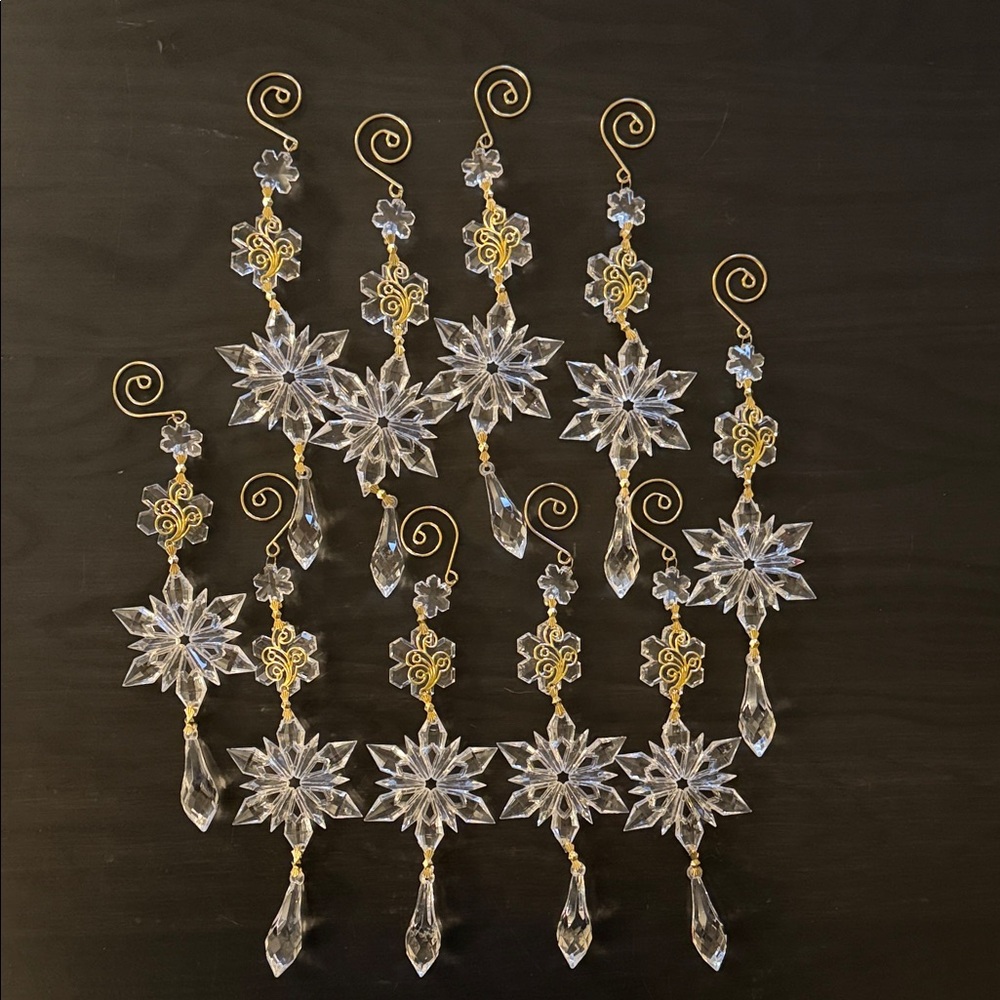 Set of 10 Gold and Clear Crystal Snowflake Ornaments